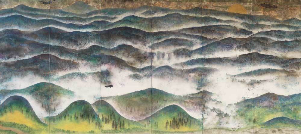 山祇考 ─連なる、重なる、繋がる─　 245.0×540.0cm　高知麻紙、顔料、染料、墨、箔、泥　2018年